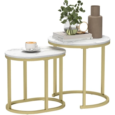 Image of HOMCOM Modern Coffee Table Set of 2, Nest Tables with Steel Frame and Faux Marble Tabletop, Side for Living Room Bedroom, Gold Tone White