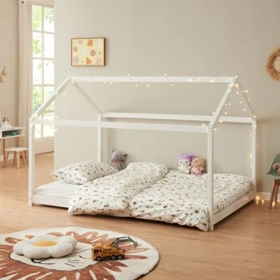 Image of [en.casa] Children&#039;s Bed Cerro house Youth with slatted frame Montessori made of solid pine 140x200cm White