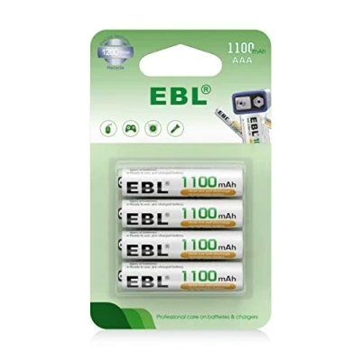 Image of EBL 1100mAh Ni MH AAA Rechargeable Batteries, Retail Package and Pack of 4 Batteries