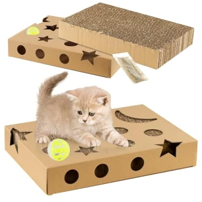 Image of GEEZY Cardboard Cat Scratcher and Interactive Puzzle Box With Catnip Ball Toy Scratching Board Accessories For Indoor Cats Kitten Essentials