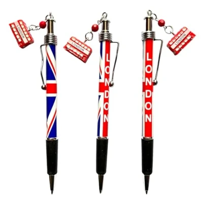 Image of London Landmarks Charm Pen: Union Jack Pens with Bus, Telephone Box, and Big Ben Charms (Set of 3) (3 x Bus charms)