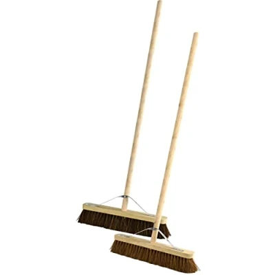 Image of Twin Pack Wooden Sweeping Brooms Bassine Stiff Outdoor and Soft Coco Brush with Handles 18&quot;