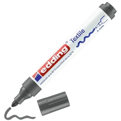 Image of edding 4500 textile marker grey 1 pen round nib 2 3 mm permanent fabric markers for drawing on textiles, wash resistant up to 60 C pens lettering