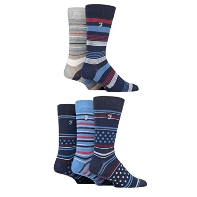 Image of Mens 5 Pair Farah Plain, Striped and Patterned Everyday Bamboo Socks Stripe Dots Navy / Blue 6 11