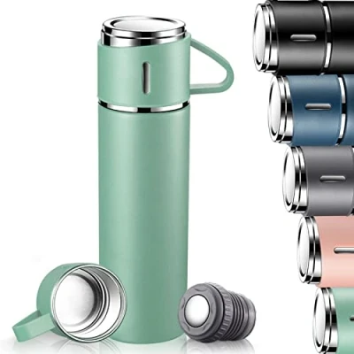Image of Thermos Flask, Stainless Steel Drinking Bottle, Keeps Hot and Cold for 10 Hours, Insulated Flask 500 ml with Leak Proof Lid Handle, Travel, Work, School, Children, Baby, Green