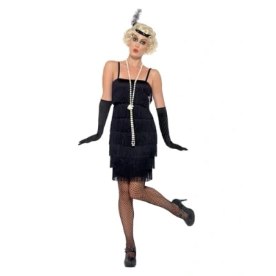 Image of Smiffys Flapper Costume, Black with Short Dress, Headband &amp; Gloves, 1920&#039;s Razzle Fancy Adult Dress Up Costumes