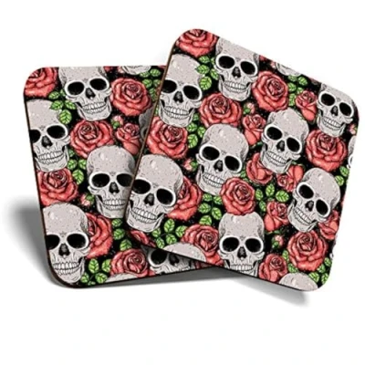 Image of 2 x Square Coasters Skull Red Roses Death Goth Pattern Cork Backed Home Kitchen Accessory Tea Coffee Mug Mat #46308