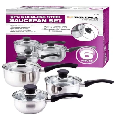 Image of 3pc Prima Stainless Steel Cookware Set Includes Saucepan, Pan, Pot Essential Cooking Kitchen with Glass Lids &amp; Sturdy Handles Mirror Polish, Bakelite Knobs, Suitable for Milk