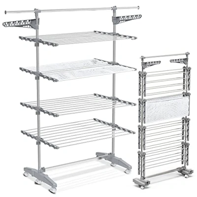 Image of VOUNOT Large 4 Tier Clothes Airer, Laundry Drying Rack Stainless Steel Horse with Foldable Wings, Telescopic Rod for Indoor Outdoor
