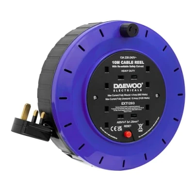 Image of Daewoo Extension Reel, Cassette 4 Gang, 10 Metre, Black And Blue