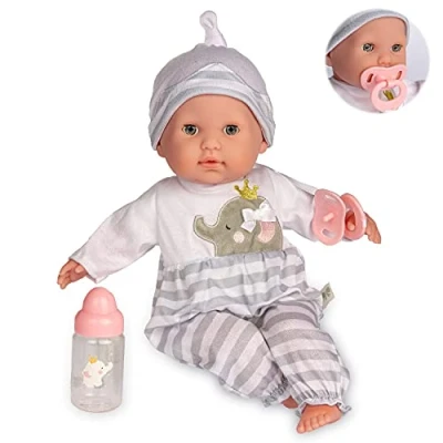 Image of JC TOYS Berenguer Boutique Soft Body Doll 38 cm, Her Eyes Open and Close, Includes Clothes Accessories, Grey, Designed by Berenguer, +2 years