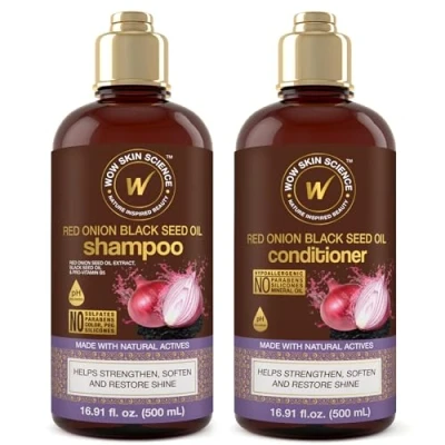 Image of WOW Skin Science Onion Black Seed Oil Shampoo &amp; Conditioner Set With Hair For Strong, Soft Shine Treatment Dry Damaged All Types (Brown, 16.9 Fl Oz (Pack Of 2))