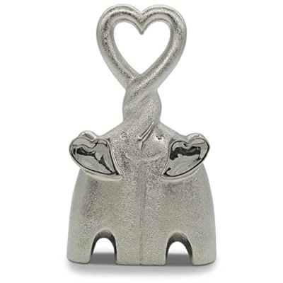 Image of Cute elephant couple Ceramic decoration figure 23cm high as a symbol for love &amp; affection Modern sculpture in silver standing elephants