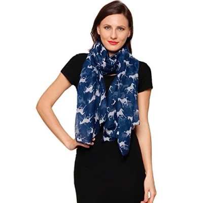 Image of World of Shawls Horses Print Design Ladies Girls Scarves Shawl Wrap Maxi Sarong (Navy Blue)