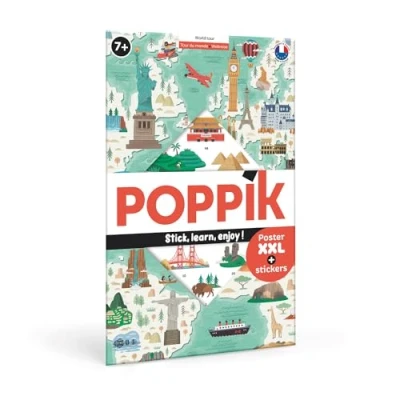 Image of POPPIK PPK DIS025 1841167 Journey, Interactive Learning Poster with Stickers, Multilingual Map, for Children Aged 7+, 68 x 100 cm, World Travel