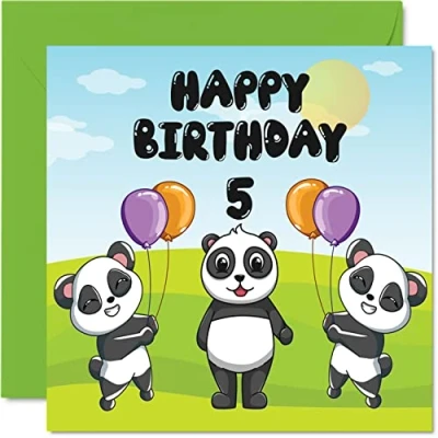 Image of 5th Birthday Card Unisex Panda Party Happy 5 Year Old, 145mm x Cute Greeting for Son Daughter Brother Sister Grandson Granddaughter Niece Nephew Cousin