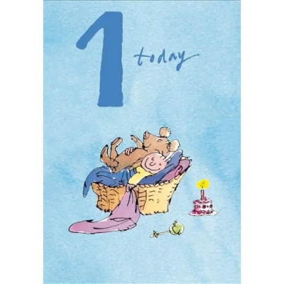Image of Children&#039;s Age Birthday Card Boys/Girls Quentin Blake Illustrated Design Made in the UK Eco Friendly (Boys 1 Baby and Teddy Bear)