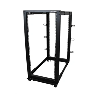 Image of StarTech.com 4 Post 25U Mobile Open Frame Server Rack, 19in Network Rack with Wheels, Rolling for Computer/AV/Data/IT Equipment Casters, Leveling Feet or Floor Mounting (4POSTRACK25U)