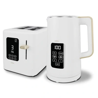 Image of Cello Digital Kettle and 2 Slice Toaster Set Temperature Control, 3000W Rapid Boil. Control Panel, Wide Slot, 7 Browning Levels, Auto Stop, Colour White