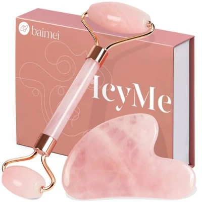 Image of BAIMEI Gua Sha &amp; Jade Roller,Gua Stone, Guasha Tool Face, Self Care Gift for Women and Men, Massager Eyes, Neck, Face Care, Christmas Day Rose Quartz