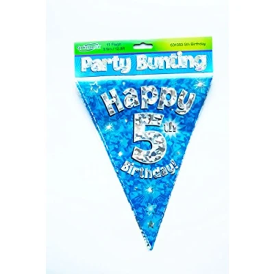 Image of Happy 5th Birthday Flag Bunting Age Boys Blue Pennant Banner Party Decorations