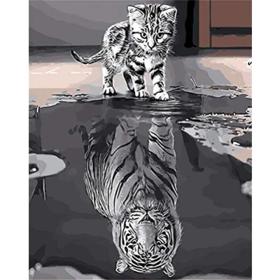 Image of Paint by Numbers for Adults Kids, Amiiba White Black Cat Reflection Tiger DIY Kits 16x20 inch Acrylic Painting Number Wall Art Crafts (Without Frame)