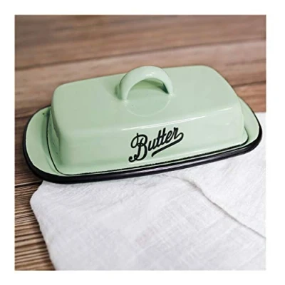 Image of Enamel Butter Dish White/Green Container for Household Storage Traditional Kitchen Accessories with Lid Cheese &amp; Dessert Tray