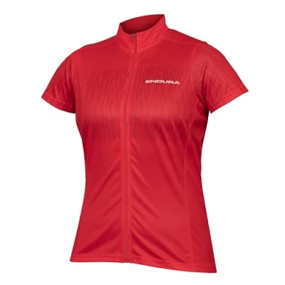 Image of Endura Women&#039;s Hummvee Ray Short Sleeve Jersey Rapid Wicking Recycled Fabric Back Pockets, Pomegranate, XS