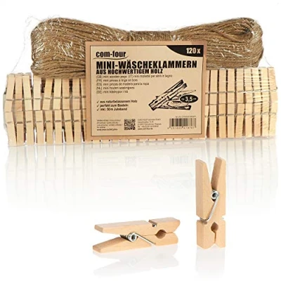 Image of com four® 120x mini clothes pegs and 50 m jute rope, small wooden as decoration for pictures, collages, postcards, photos &amp; lucky gifts (120 pieces with ribbon natural)