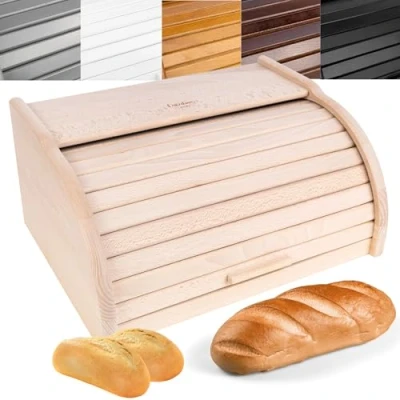 Image of Creative Home Wooden Bread Bin Unpainted 38 x 28.5 17.5 cm (+/ 1 cm) Natural Beech Wood box Container with Roll Top Lid Kitchen Storage