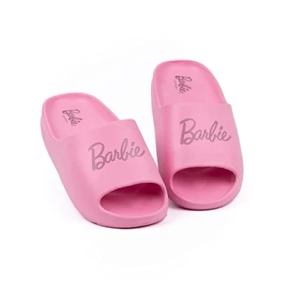Image of Barbie Womens Sliders Pink Moulded Ridge Bottom Sandals for Ladies Fashion Doll Classic Logo Beachwear &amp; Summer Pool Shoes Slip on Footwear Movie Merchandise Gift Adults