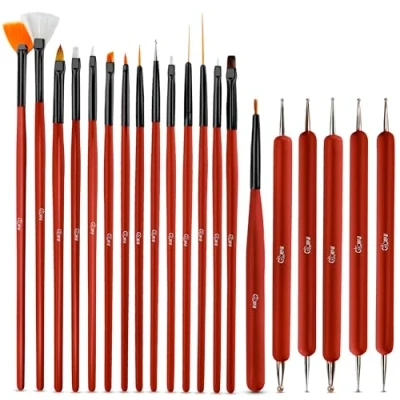 Image of Glow 20 Piece Nail Art Brushes and Dotting Tools Kit Premium Quality Perfect For Beginners &amp; Professionals Practical Affordable With Wooden Handle Red Colour