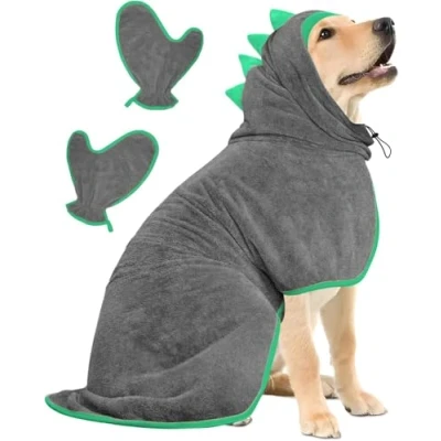 Image of Bibykivn Dog Bathrobe, Microfiber Clothing Soft Towel for Dinosaur Animals, Drying Your After Swimming and Bathing (Green Gray, XL)