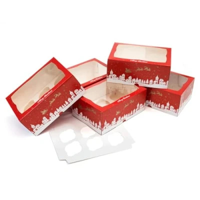 Image of Culpitt Christmas Cupcake Boxes 5 Pack Red &amp; Gold Display With See Through Window, Strong 6 Hole Box For The Festive Holidays, Gift, Storage, Protection 4&quot; Deep
