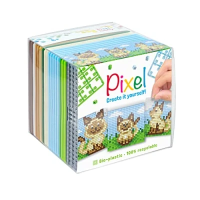 Image of Pracht Creatives Hobby Pixel P29021 Cat Craft Set, Plug in System as Creative for Children from 6 Years, Cube Box with Motif Templates and Squares