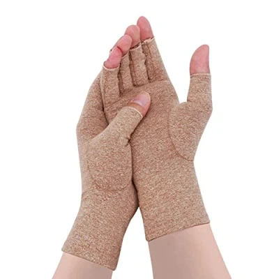 Image of Gebell Rheumatoid Arthritis Gloves Compression Fingerless Joint Pain Relief Hand Mitten Warmth Carpal Tunnel Gloves, S, Khaki a