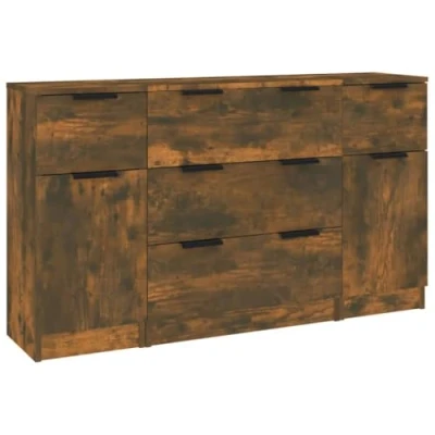 Image of vidaXL Smoked Oak Sideboard Set 3 Piece Modern Engineered Wood Cabinet Collection with Drawers/Door for Storage Versatile Design Living Room/Bedroom