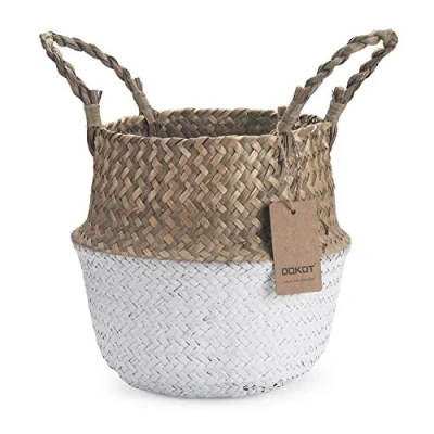 Image of DOKOT Seagrass Belly Basket Natural Woven Plant Pot Foldable with Handles for Storage Laundry Blankets Toys (Natural + White)