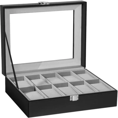 Image of Uten Watch Box 10 Slots, Case with Glass Lid, Display Storage for Men and Women, Removable Pillows, Metal Clasp, Black Synthetic Leather, Velvet Lining, Gift Idea