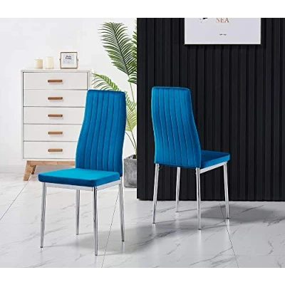 Image of FURNIZONE MONZA DINING CHAIRS SET OF 2 SOFT VELVET WITH CHROME METAL LEGS (Blue)