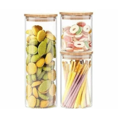 Image of Aminno High Borosilicate Glass Sealed Storage 3 Jars Set With Bamboo Wooden Lid Kitchen Container Stackable Modular Cereal Jar Pcs 1800ml, 1000ml &amp; 500ml