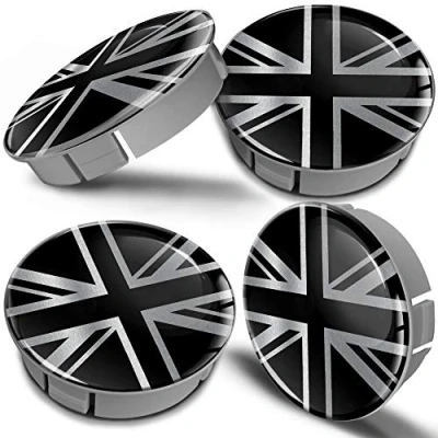 Image of Biomar Labs® 4 x 60mm 3D Universal Wheel Hub Centre Caps UK GB Union Jack United Kingdom England British National Flag Silver Black Center Rims CS 17