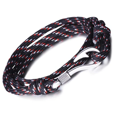 Image of Infinite U Punk Nautical Fish Hook Womens Mens Wrap Bracelet Braided Colorful Nylon Rope Alloy 4 Strands Charm Wristband Bangle