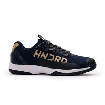 Image of Hundred Xoom Pro Non Marking Professional Badminton Shoes for Men Material: Faux Leather Suitable Indoor Tennis, Squash, Table Basketball &amp; Padel (Navy Gold, EU 41, UK 7, US 8)