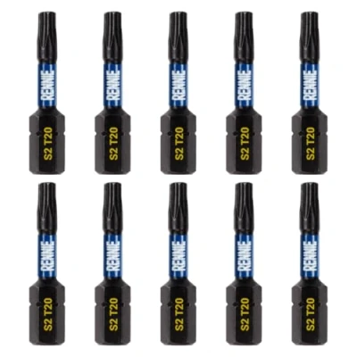 Image of 10 x Rennie Tools 32mm Long T20 TX20 Impact Screwdriver Driver Bits Set. Heavy Duty Magnetic Torx Bit Black Oxide Coated Bits.