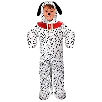 Image of Kids Dalmatian Costume Large Print Jumpsuit With Red Dog Collar Detail + Hood Attached Ears 2 piece Book Week World Day Fancy Dress