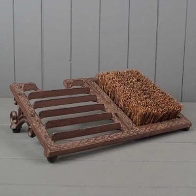 Image of Cast Iron Brown 3 in 1 Wellington Boot Scraper with Brush Rustic Jack Vintage Ornate Dirty Remover Tools Indoor Outdoor and Shoe Cleaner Footwear