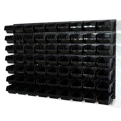 Image of 63 black M size storage bins with wall mounted panel