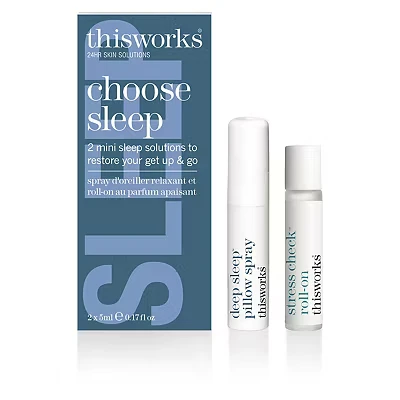 Image of This Works Choose Sleep Gift Set Travel Size Kit with Soothing Duo of Deep Pillow Spray and Stress Check Roll On for Relaxation Self Care Gifts Women
