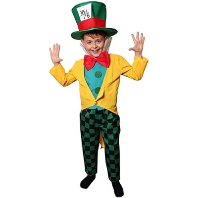 Image of Childs Crazy Tea Party Host Costume Large Yellow Jacket, Checkered Trousers and Top Hat Kids World Book Day Week Fancy Dress